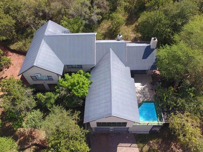 Aerial view of a residential property featuring a corrugated metal roof, a swimming pool, and surrounding mature trees.