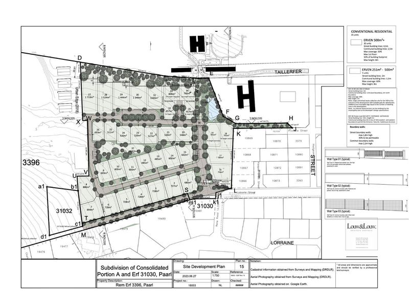 A detailed site development plan for the subdivision of consolidated land, outlining individual residential plots, street layouts, and boundary wall specifications.