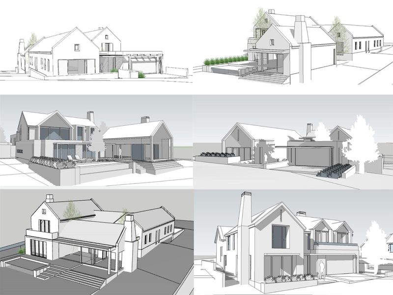A collection of architectural 3D renderings showcasing the proposed design and layout for a residential property development.