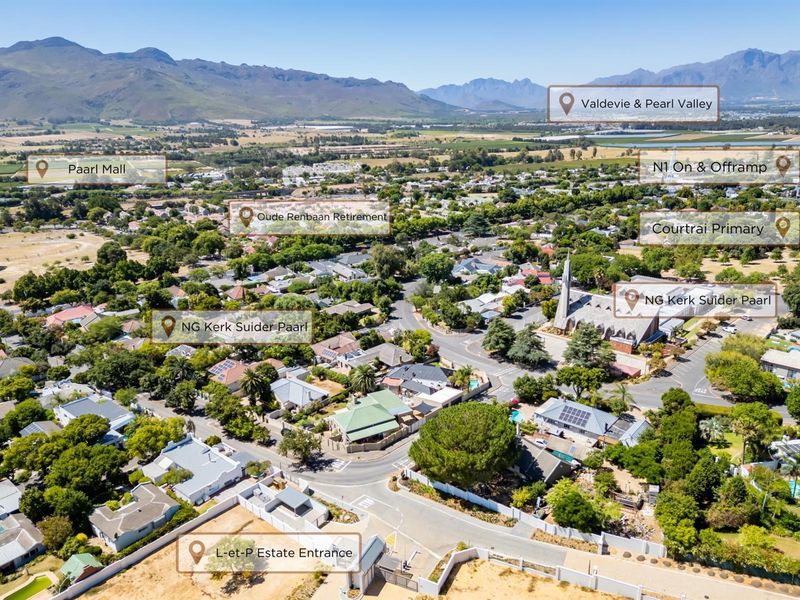Aerial view of the residential neighbourhood surrounding the property, highlighting proximity to local landmarks, schools, and major transport routes.