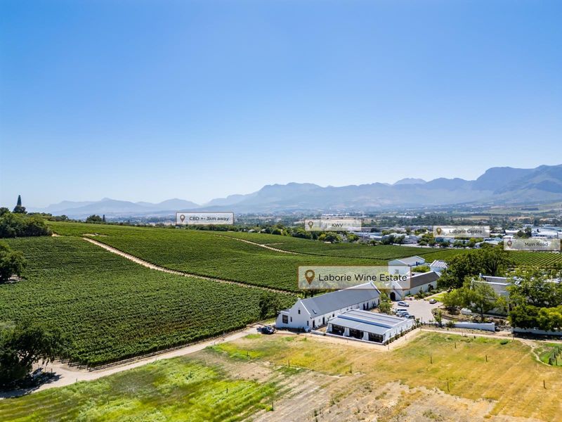 An aerial view of the property showcasing the surrounding vineyards, estate buildings, and proximity to local landmarks and mountain vistas.