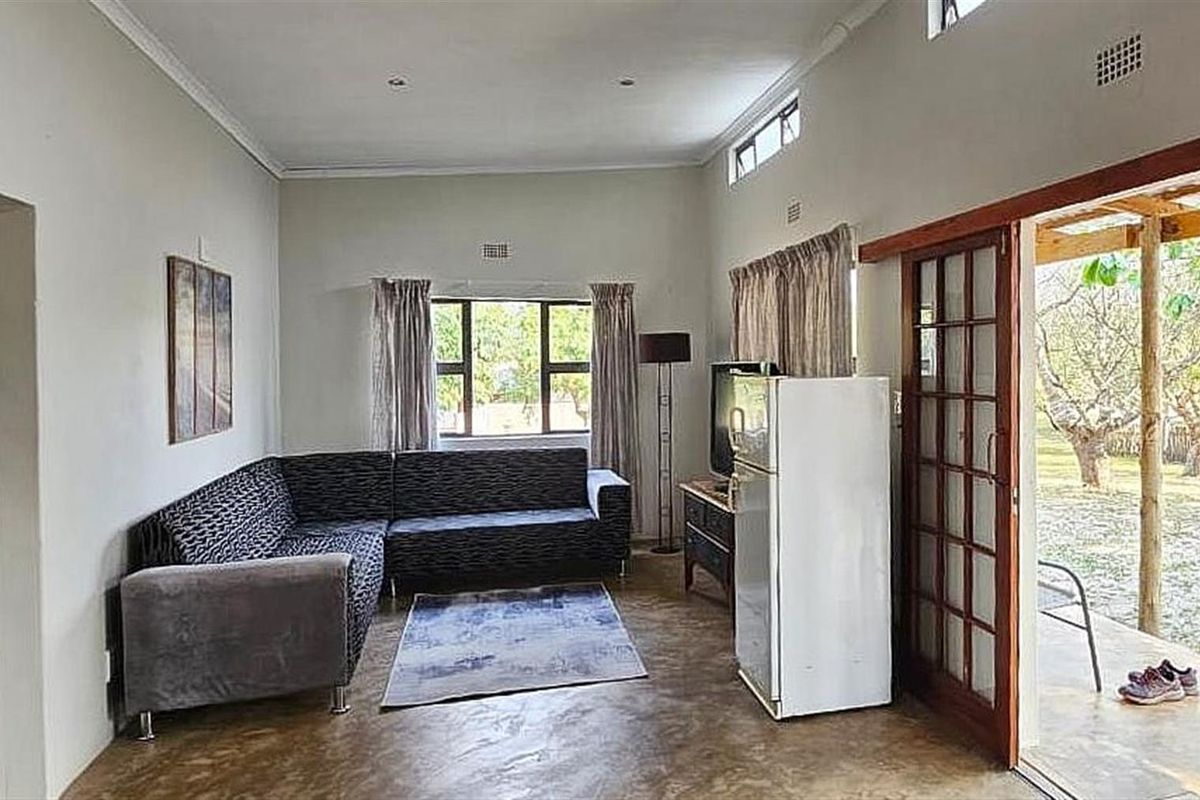 A spacious living area featuring polished concrete floors, high ceilings, and large sliding wooden doors that open onto a covered patio and garden.