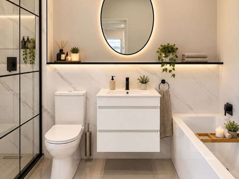 Modern, high-end bathroom featuring a wall-mounted vanity, backlit mirror, walk-in shower with black framing, and a sleek built-in bathtub with marble-look wall tiling.