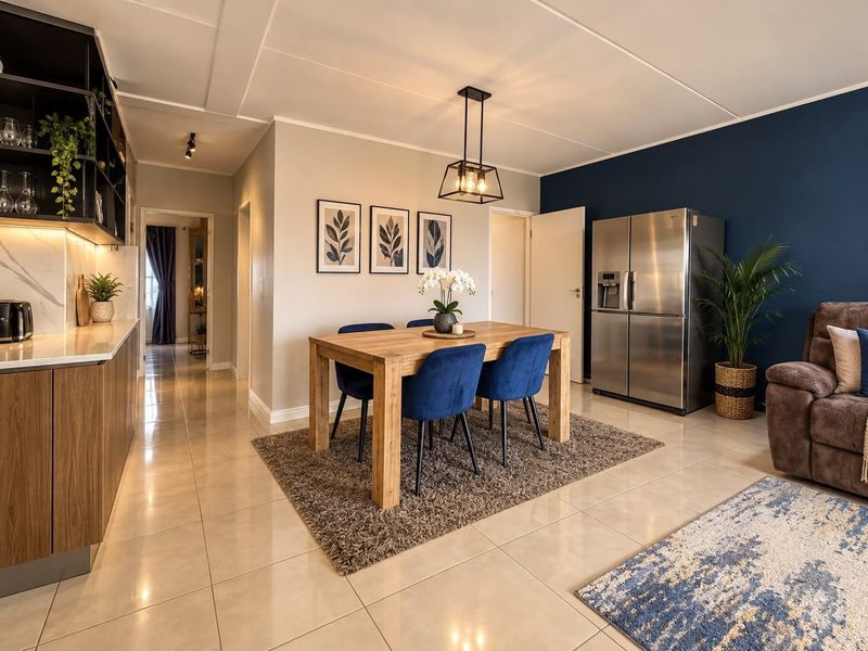 Modern open-plan living and dining area featuring sleek cabinetry, stone countertops, tiled floors, and a striking navy accent wall.