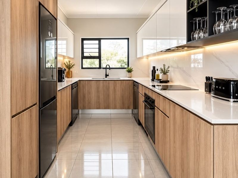 Modern galley kitchen featuring wood-grain cabinetry, white stone countertops, integrated appliances, and sleek porcelain floor tiles with ambient under-cabinet lighting.