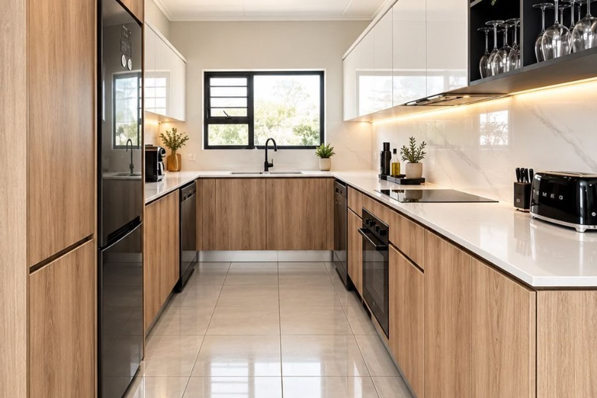 Modern galley kitchen featuring wood-grain cabinetry, white stone countertops, integrated appliances, and sleek porcelain floor tiles with ambient under-cabinet lighting.