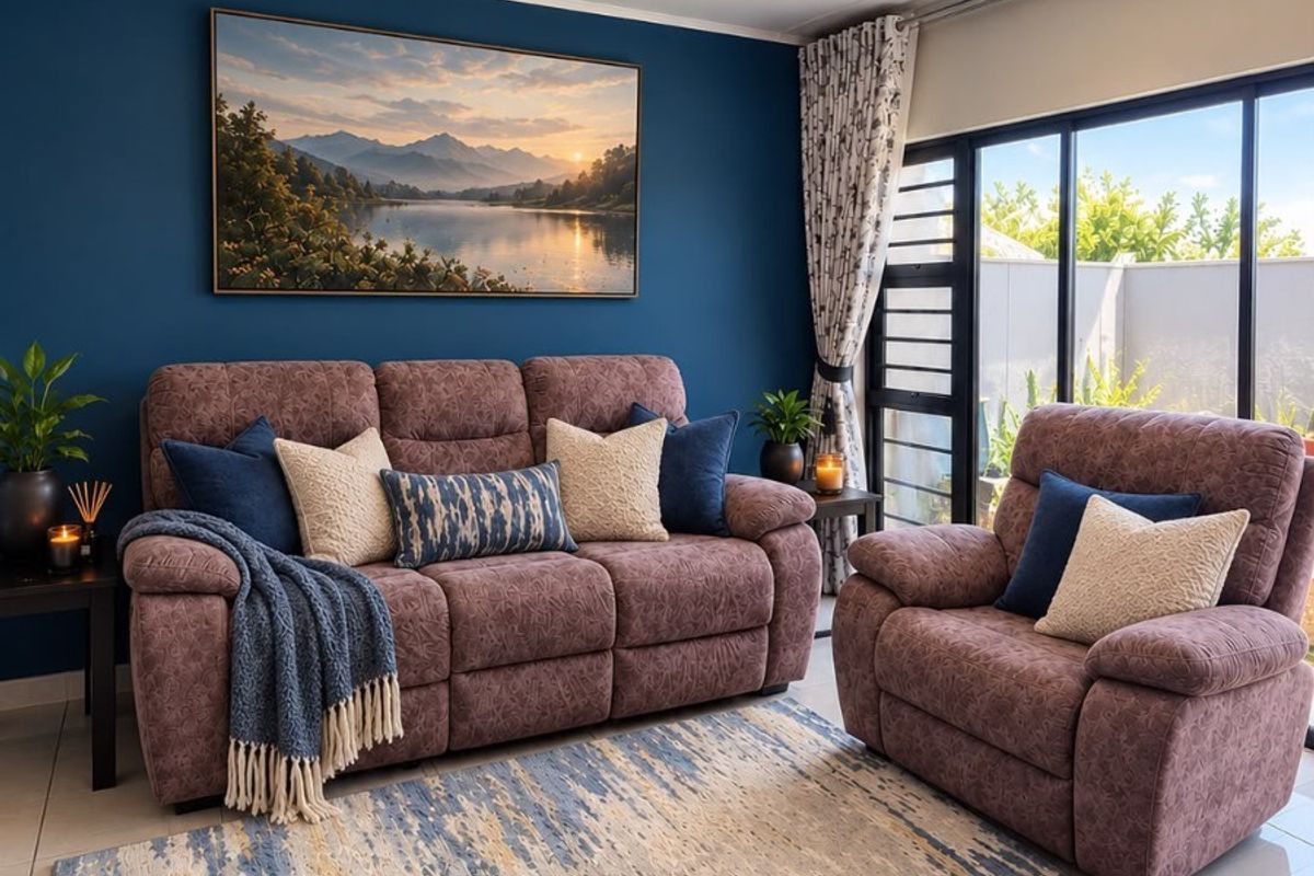 A well-maintained living room featuring a bold blue accent wall, modern track lighting, and large sliding glass doors that provide ample natural light.