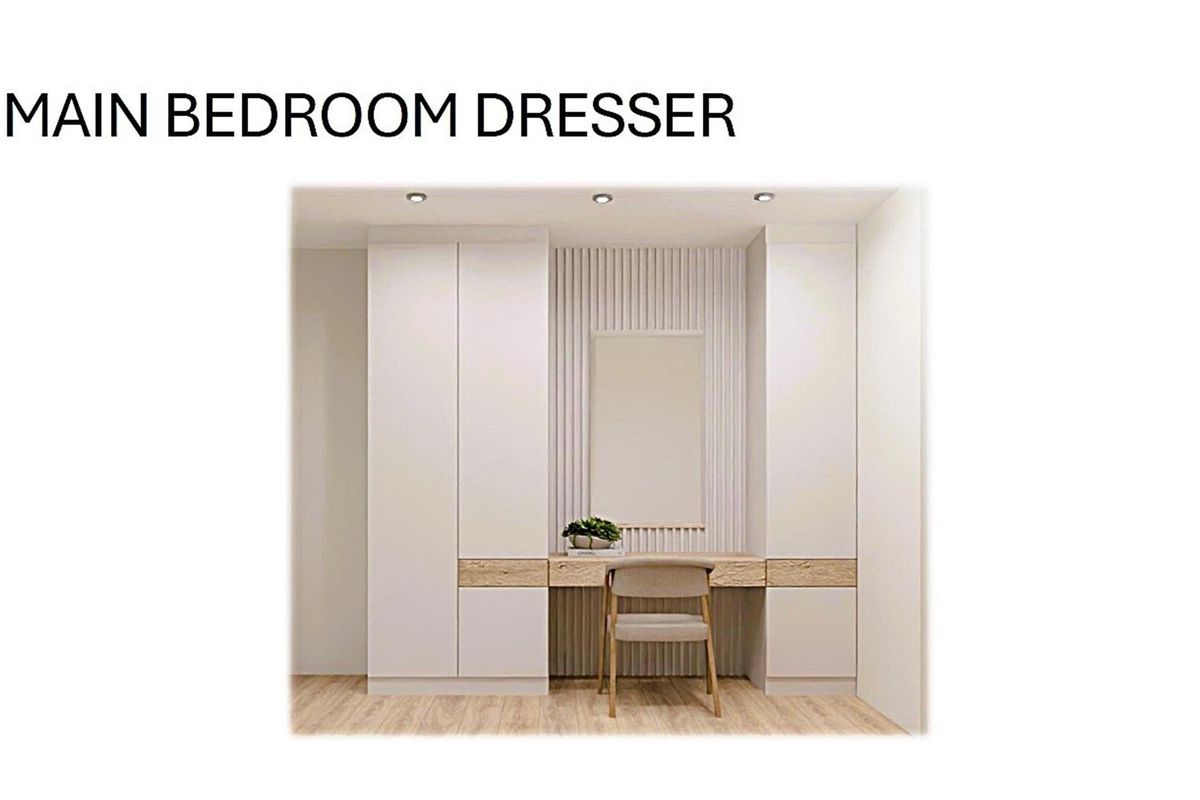 A modern built-in bedroom dresser featuring integrated cabinetry, a central mirror, and vertical slat wall detailing.