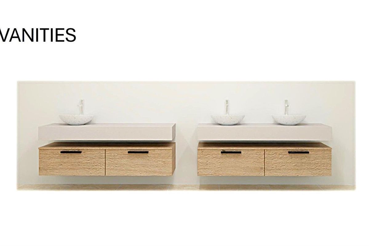 A studio shot of modern wall-mounted bathroom vanities featuring light wood cabinetry, stone countertops, and vessel sinks.