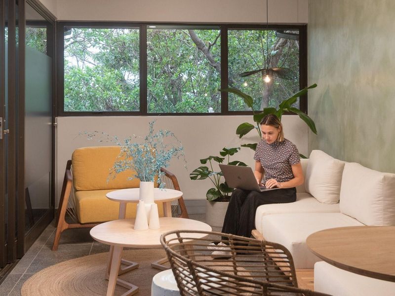 A modern, well-lit office space featuring large windows with garden views, a textured feature wall, and a glass partition door.