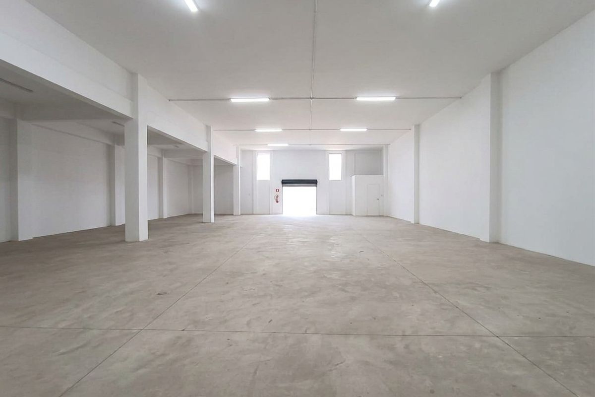Spacious, open-plan industrial warehouse unit featuring polished concrete flooring, high ceilings with strip lighting, and a large roller shutter access door.