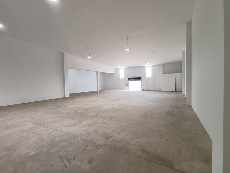 Spacious open-plan industrial warehouse area featuring polished concrete flooring, high ceilings with integrated lighting, and a large rear roller shutter door for access.