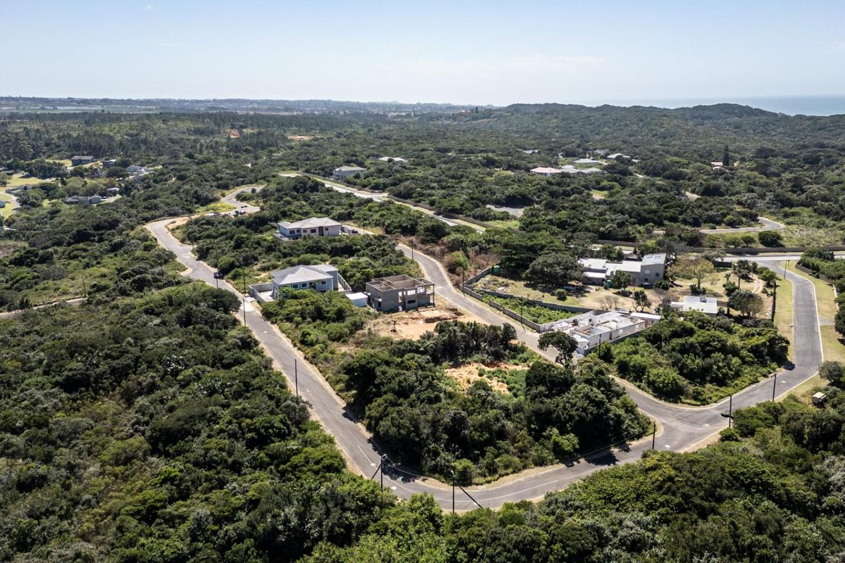 Aerial view of a residential estate featuring paved roads, established coastal vegetation, and various residential properties in a natural, scenic setting.
