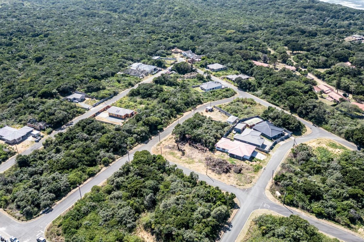 Aerial view of a residential estate featuring paved roads, established coastal vegetation, and scattered residential properties.