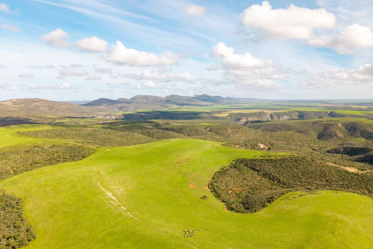 An expansive aerial view of the farm property, showcasing rolling green hills, natural vegetation, and distant mountain ranges under a clear sky.