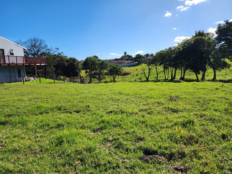 A view of the vacant residential land featuring open grassy terrain, mature trees, and a partial view of an adjacent property's elevated deck.