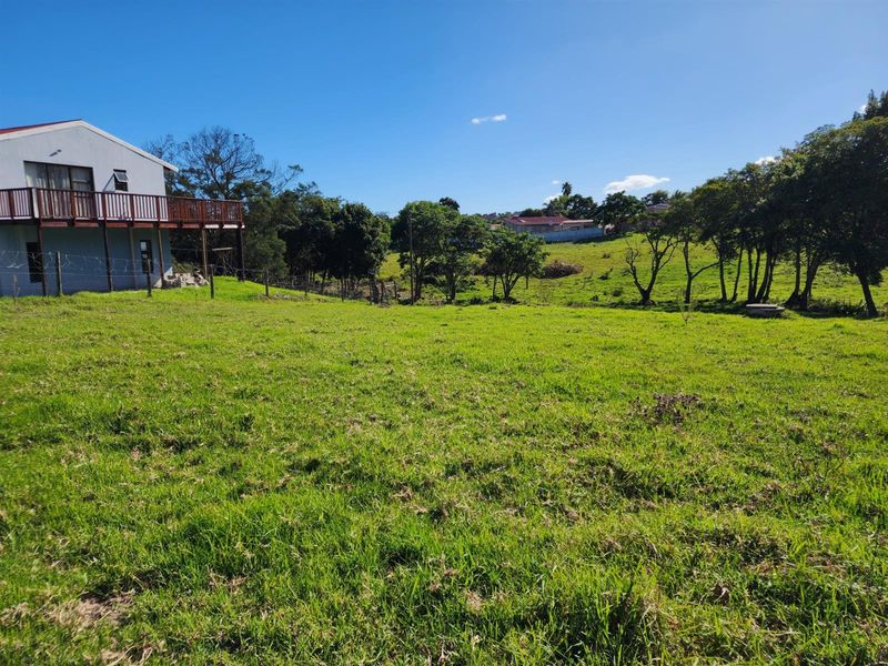 A view of the expansive grassy residential land with mature trees and a neighboring property visible in the background.