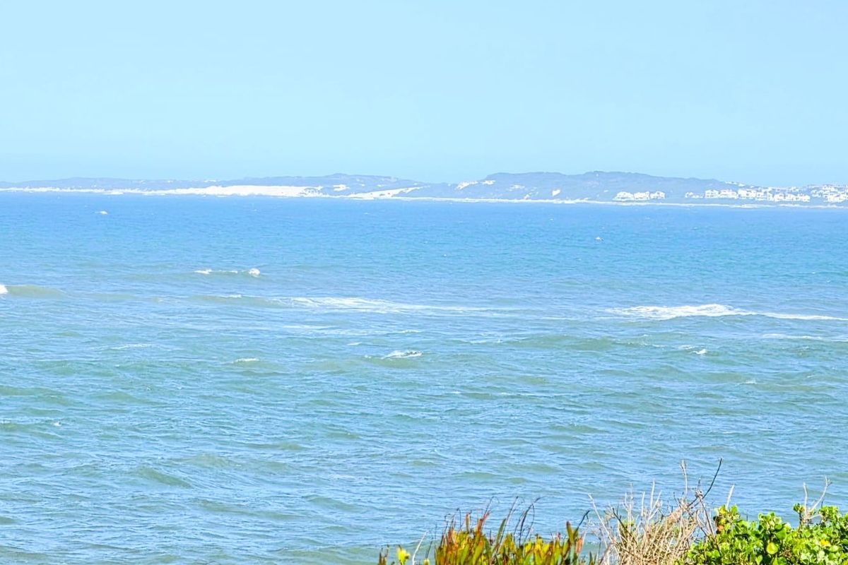 A scenic coastal view overlooking the ocean and distant shoreline, capturing the natural landscape and horizon.