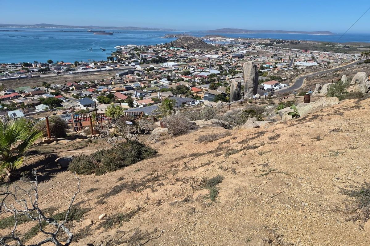 Elevated panoramic view overlooking the coastal town, harbor, and surrounding landscape, showcasing the natural topography and residential setting of the area.