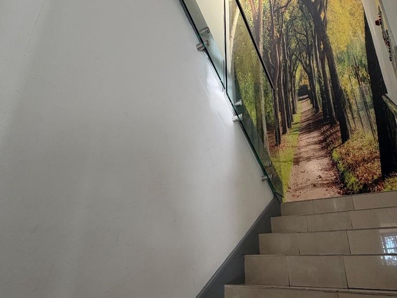 A bright staircase featuring a glass balustrade, tiled steps, and a large skylight, complemented by a decorative forest-themed feature wall.