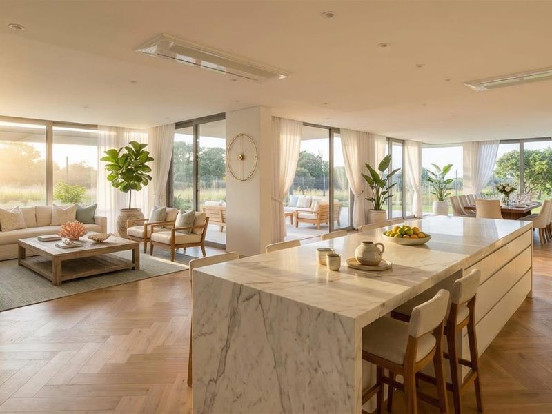 Spacious open-plan living and kitchen area featuring premium marble island, herringbone timber flooring, and expansive floor-to-ceiling glass doors leading to the outdoors.