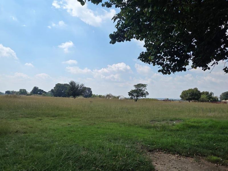 A wide-angle view of the expansive open pasture and farmland, featuring a metal gate and mature trees under a clear sky.