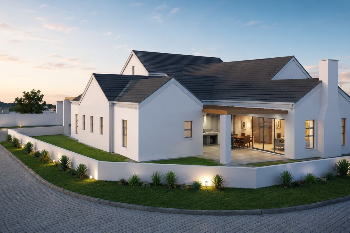 A modern architectural rendering of a residential property featuring a covered patio, tiled roof, and landscaped garden with integrated exterior lighting.