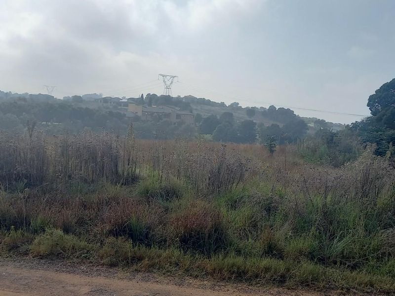 A view of a vacant residential plot featuring natural vegetation, surrounding landscape, and distant power lines under an overcast sky.