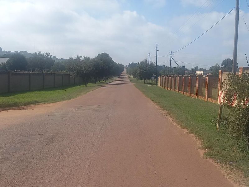 A view of the street approach showing the unpaved road, surrounding perimeter walls, and established residential neighborhood infrastructure.