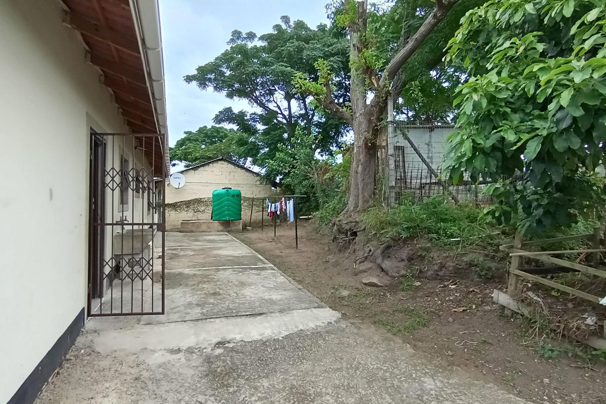 Rear exterior area featuring concrete paving, a water storage tank, and an external utility sink alongside a natural garden space.