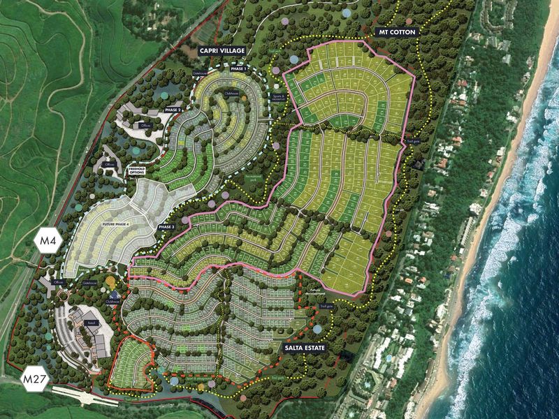 An aerial master plan layout of the Salta Estate development, showcasing residential plots, infrastructure, and surrounding natural landscape.