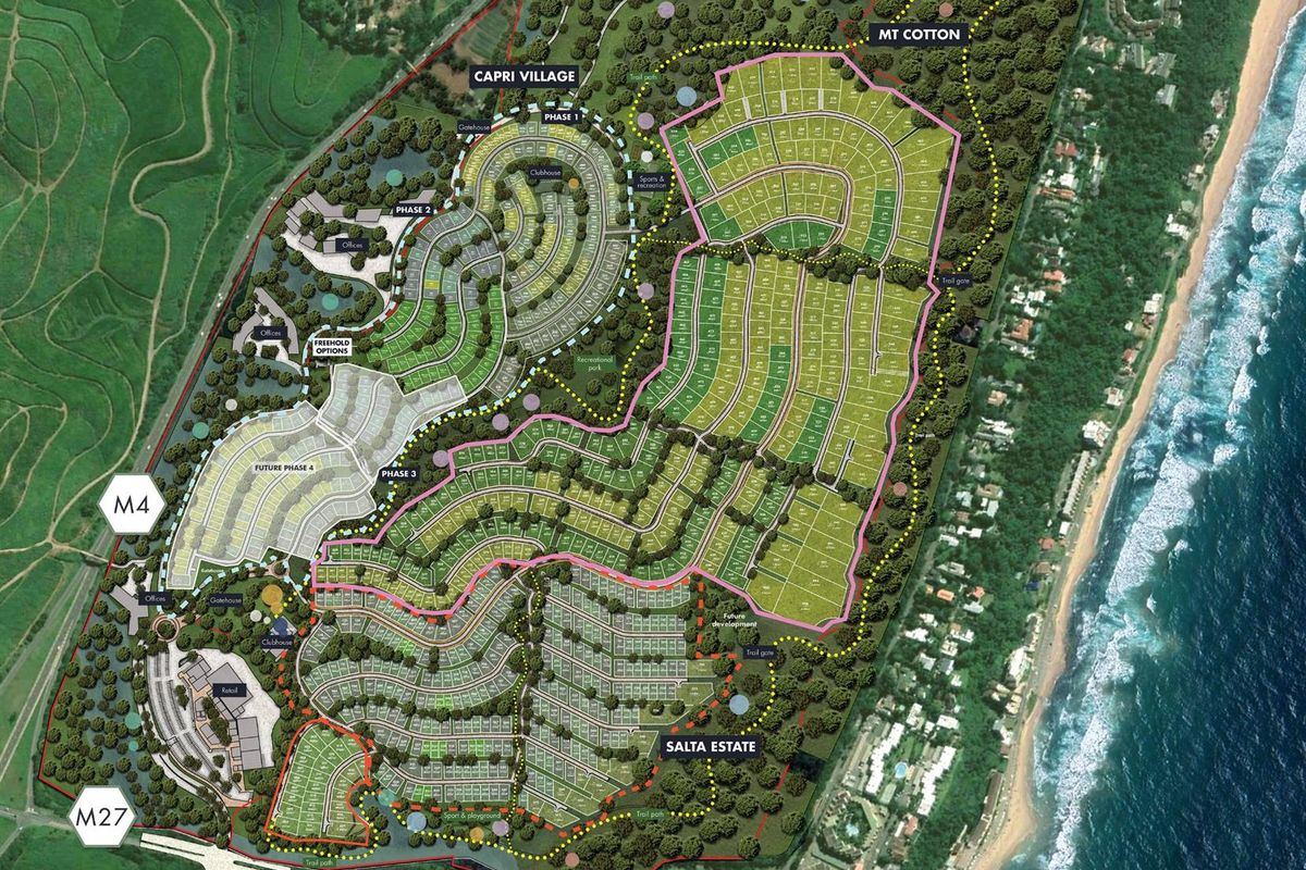 An aerial master plan layout of the Salta Estate development, showcasing residential plots, infrastructure, and surrounding natural landscape.