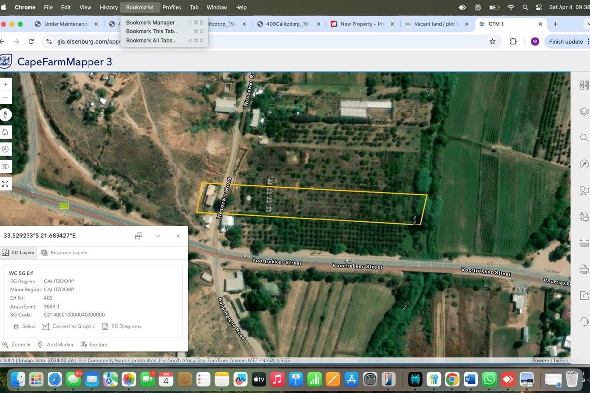 An aerial view of a land parcel in Calitzdorp, showing the property boundaries and surrounding agricultural landscape.