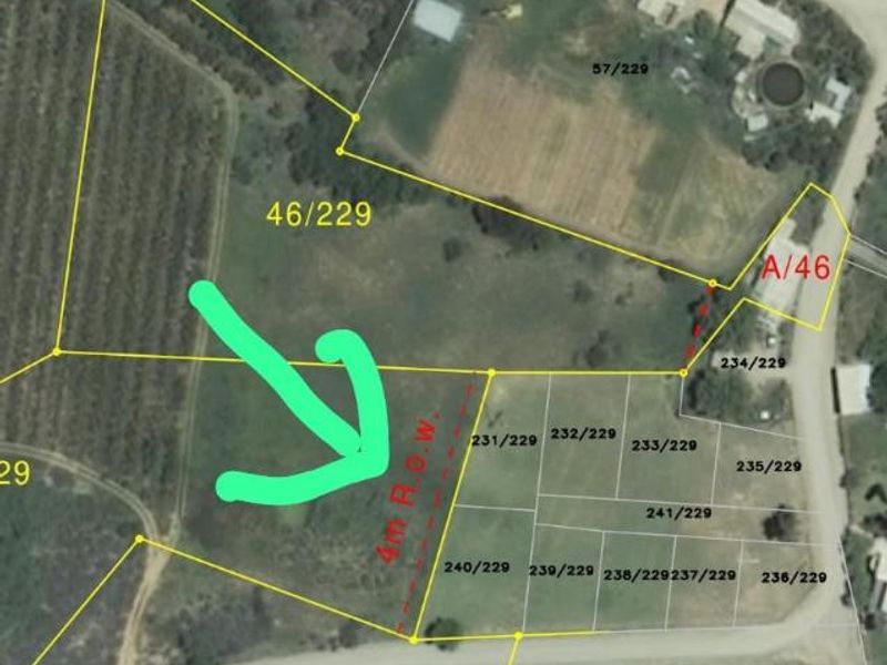 An aerial view of the residential land parcel showing cadastral boundaries and a designated right of way access point.