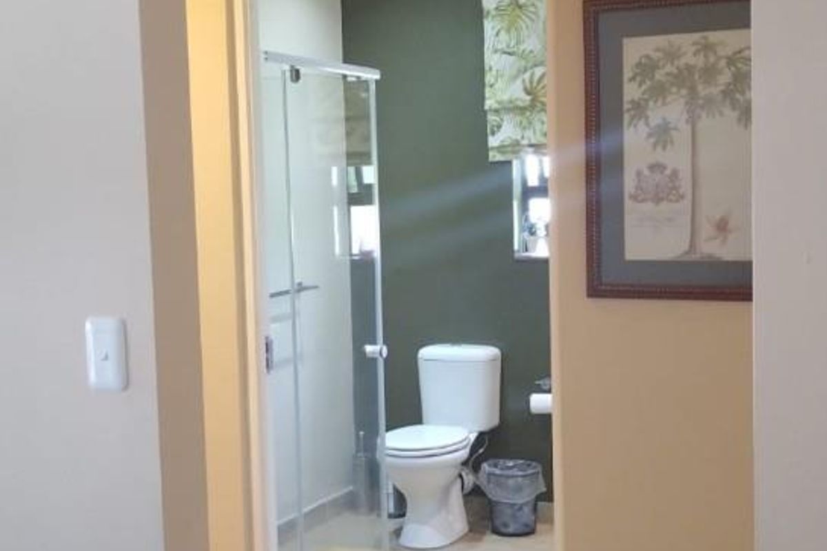 A view through a doorway into a bathroom featuring a glass-enclosed shower and a white toilet.