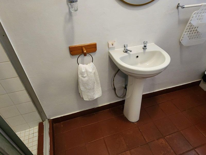 A functional bathroom featuring a pedestal basin, toilet, and a tiled shower enclosure with terracotta-style floor tiles.