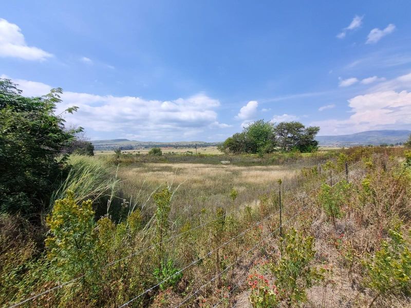 A wide-angle view of the open farm landscape featuring natural vegetation and a wire boundary fence under a clear blue sky.