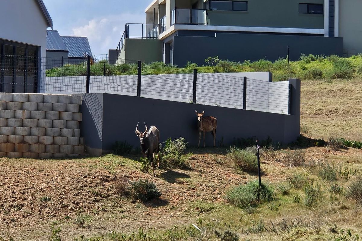 A view of the residential property boundary featuring a retaining wall, wire mesh fencing, and landscaped slope.