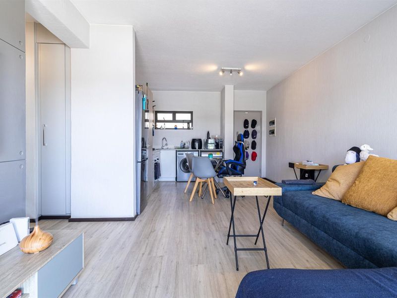Open-plan living area featuring light laminate flooring, a compact kitchen with built-in cabinetry, and integrated appliances, creating a functional and bright living space.
