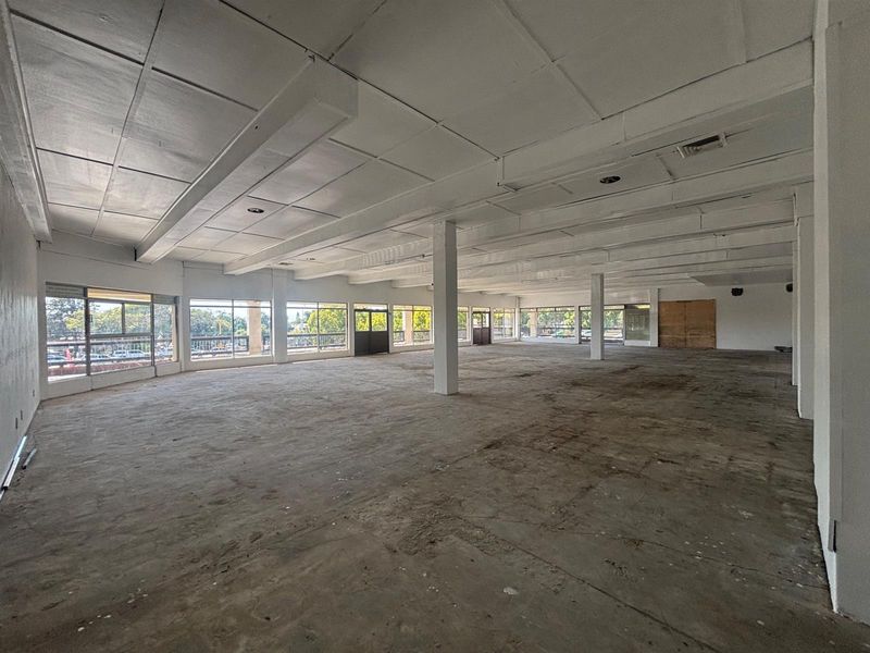 Expansive open-plan retail space featuring large windows, exposed structural columns, and a suspended ceiling grid, offering a blank canvas for custom fit-outs.