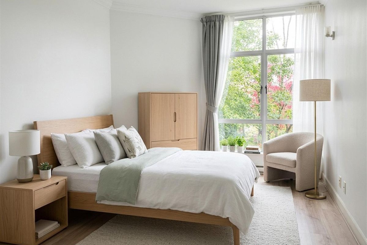 A bright and airy bedroom featuring large windows with natural views, neutral wall finishes, and light wood-look flooring.