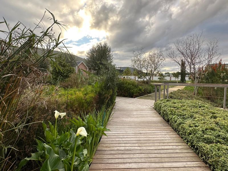A landscaped garden pathway featuring a timber boardwalk, native plantings, and a wooden railing, providing a scenic outdoor walkway.