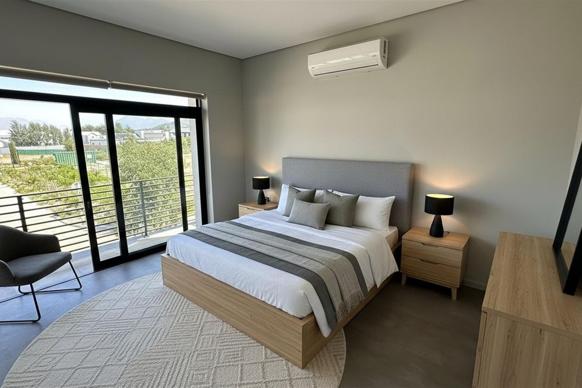 A modern, well-maintained bedroom featuring large sliding glass doors leading to a balcony, neutral finishes, and a wall-mounted air conditioning unit.