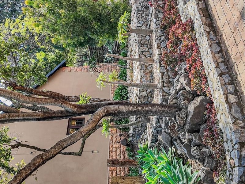 A well-maintained terraced garden featuring stone retaining walls, established trees, and a paved walkway alongside the property's stone-clad exterior wall.