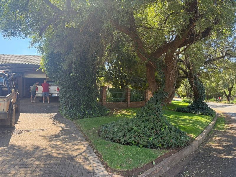 Front view of the property featuring a paved driveway, brick boundary wall with metal fencing, and mature trees.