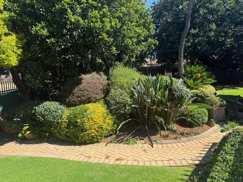 A well-maintained garden area featuring a paved brick walkway, lush lawn, and established landscaping with mature trees and shrubs.