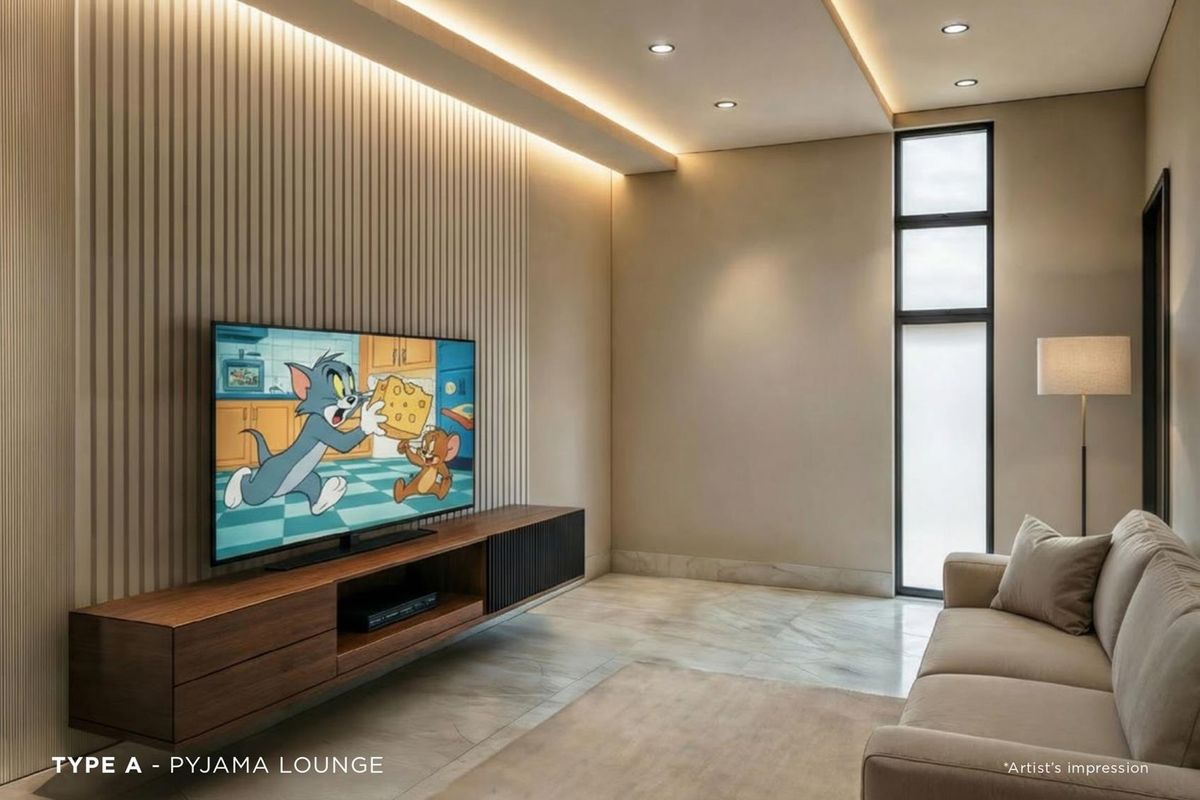 Modern pyjama lounge featuring recessed ceiling lighting, vertical wall paneling, and large format floor tiles.