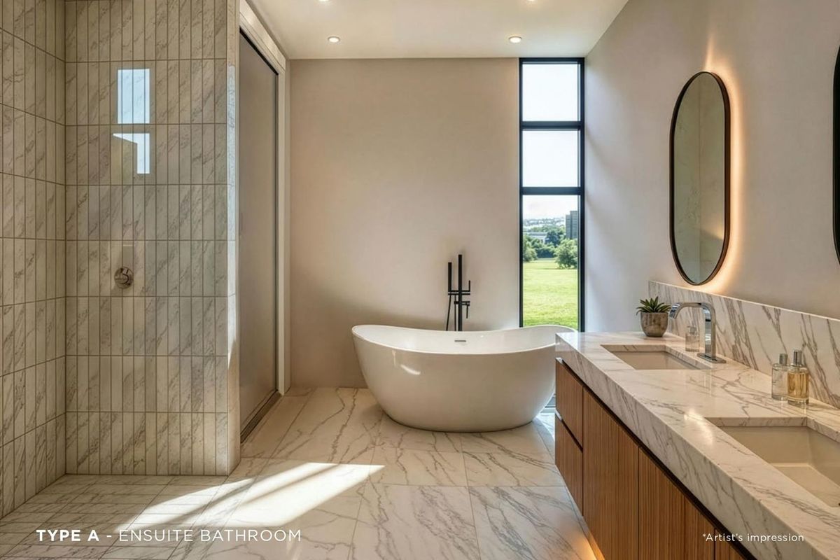 Modern ensuite bathroom featuring a freestanding bathtub, double vanity with marble countertop, and a walk-in shower with floor-to-ceiling marble tiling.
