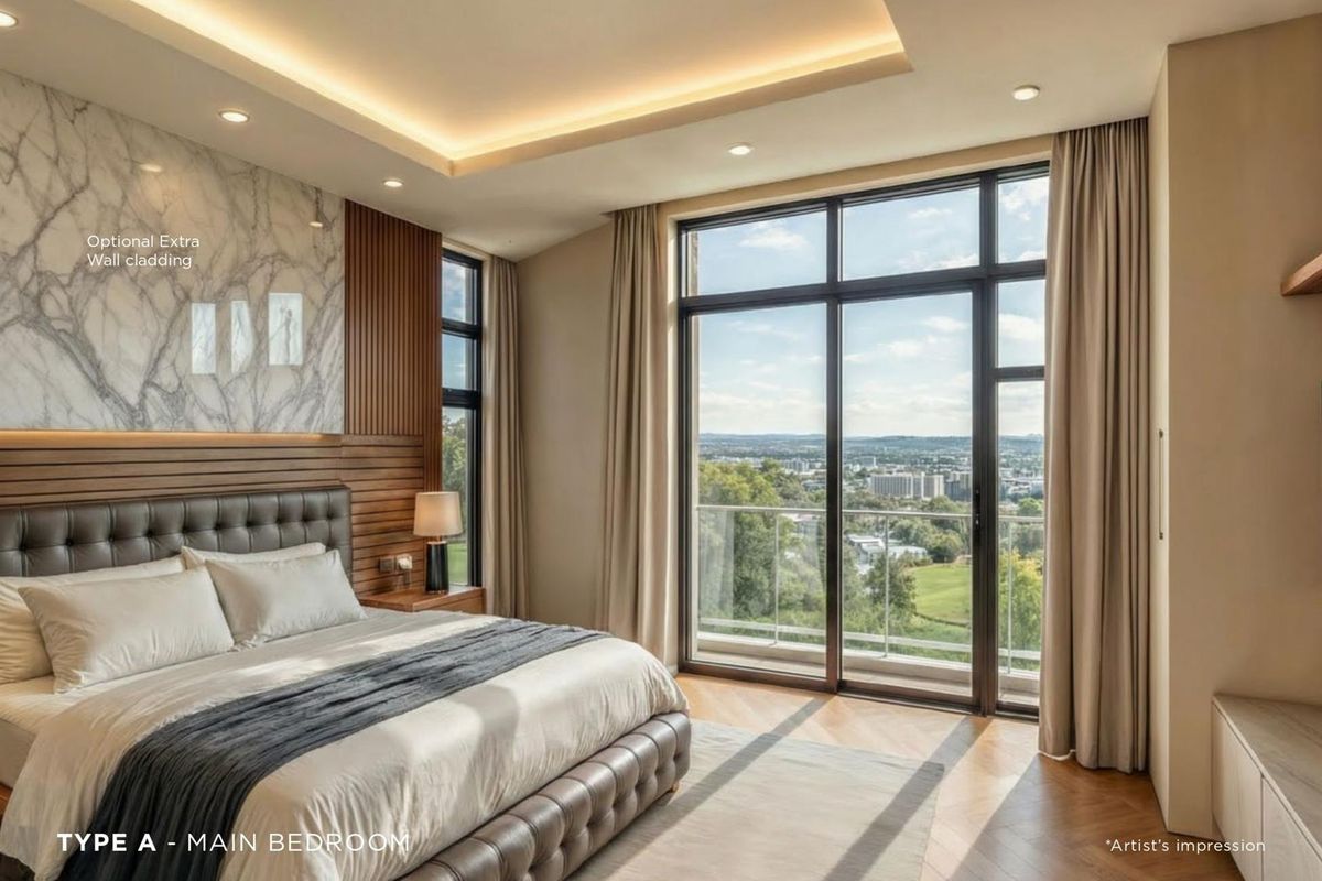 A modern, high-end bedroom featuring premium marble wall cladding, timber slat accents, recessed ceiling lighting, and floor-to-ceiling windows with expansive views.