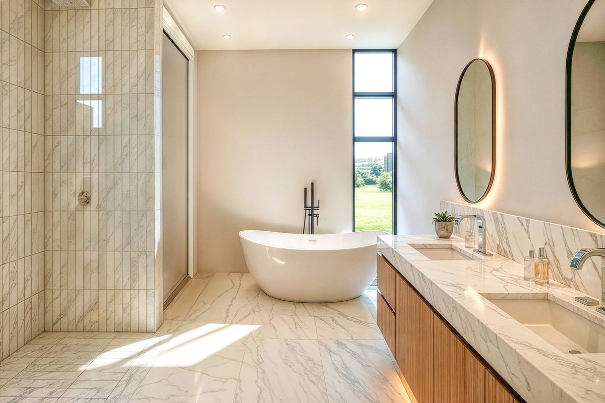 Modern luxury bathroom featuring a freestanding bathtub, double vanity with marble countertop, walk-in shower, and elegant floor-to-ceiling marble-style tiling.